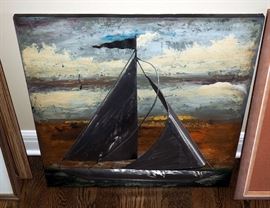 Antique Cross In Shadow Box 21" x 13", Nautical Print Ship In Storm By Sessions 26.5" x 33" And Metal Sailing Ship 25" x 25"