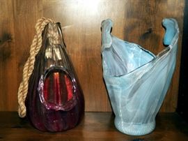 Hanging Glass Bird Feeder And Art Glass Vase 14"