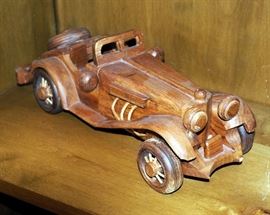 Carved Wood Roadster, Carved Wood Pipe, Wooden Bowls Qty 4 And Carved Wood Bowl