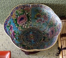 Cloisonne Bowl In Decorative Box, Lacquer Chop Sticks, Chop Stick Rests, Bamboo Place Mats