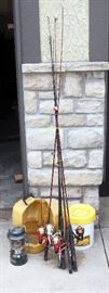 Fishing Poles, Shakespear Mantis, Ugly Stick, Zebco, Some Reels, Plano Minnow Bucket, Coleman Lantern With Clam Shell Carry Case