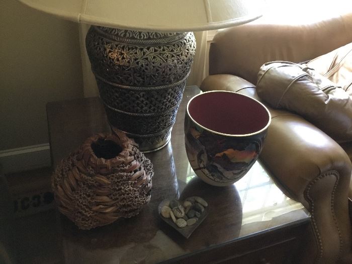 Living room end tables, basket, vase and lamp.