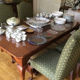 Great table with 4 leaves, upholstered chairs, and China!