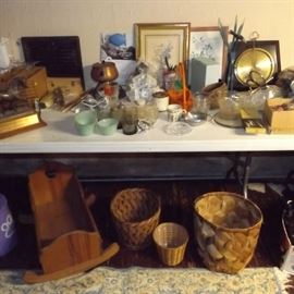 assorted small bric a brac and baskets