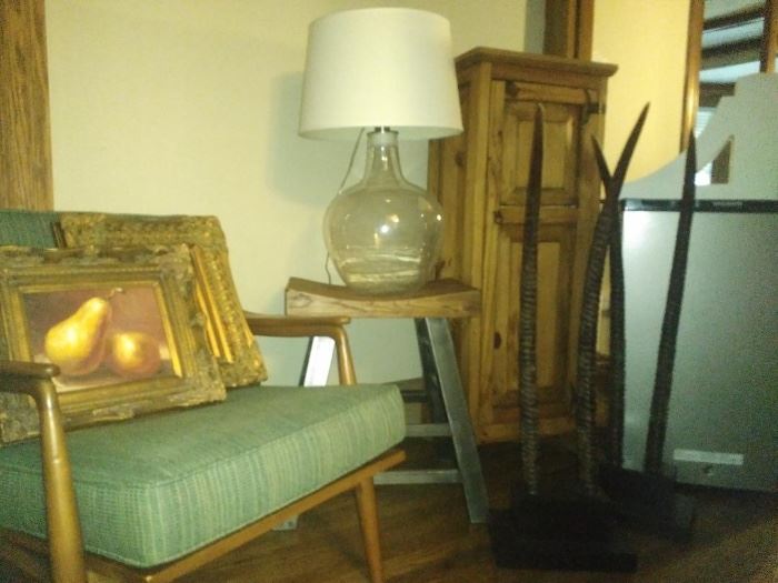1 of 3 glass lamps, 1 of 3 pine hutches, pair of faux antlers