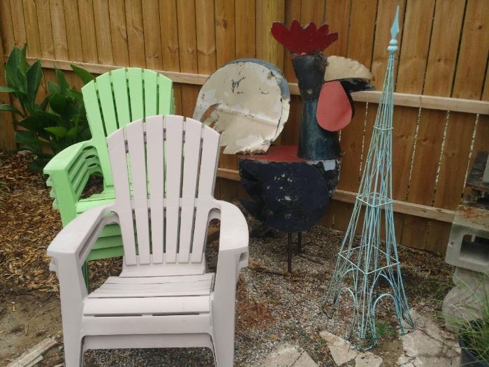 Large outdoor rooster sculpture etc.