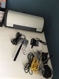 HP printer, webcam, microphone, assorted cords