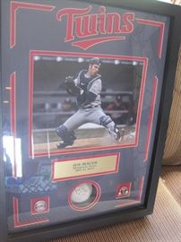 Joe Mauer signed Golden Glove Ball with photograph and certificate.