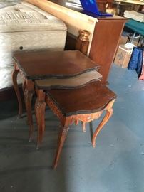 #21 3 stacking tables with carving and qa legs 22x15x24 $175.00