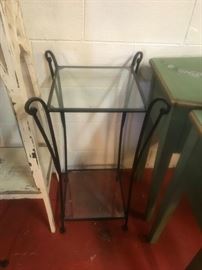 #63 metal square table w glass top and shelf 24w $75.00