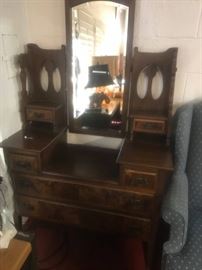 #69 antique vanity with 6 drawers shelves on side mirror 42x18x69 $275.00