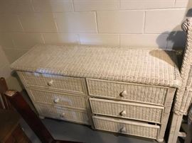 #79 white wicker dresser and frame for mirror36x24(missing mirror) 55x18x31 $125.00