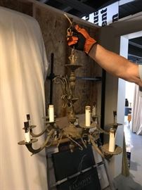 #92 vintage brass chandiler 20" H w/ 12 light candles $50.00