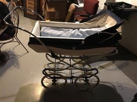 #101 vintage baby buggy carriage white and navy crown on side "princess" buggy $75.00