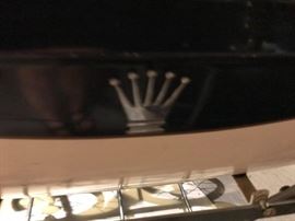 #101 vintage baby buggy carriage white and navy crown on side "princess" buggy $75.00