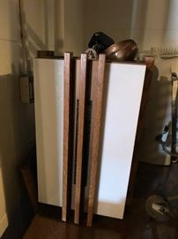 #108 Mid century hanging chandlier 12x12x21 wood, cooper and plastic (2) @200. $400.00