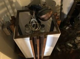 #108 Mid century hanging chandlier 12x12x21 wood, cooper and plastic (2) @200. $400.00