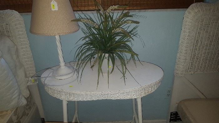 White Wicker Table, Plant, Lamp