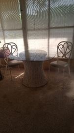 White  Wicker Glass Top Table & 2 Chairs