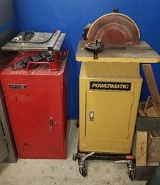 Powermatic sanding station and tabletop saw with Matco cabinet underneath
