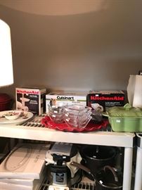 CUISINART COOKWARE , CUISINART ELECTRIC KNIFE, KITCHEN-AID GRINDER AND SLICER 
SERVING DISHES