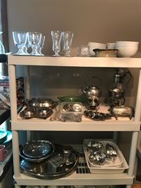 SILVERPLATE SERVING ITEMS, PARFAIT GLASSES, BOWLS AND PEWTER  SERVING ITEMS 