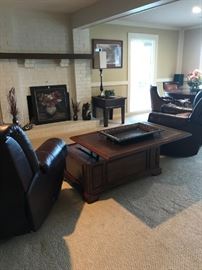  LIFT-TOP COCKTAIL TABLE WITH STORAGE DRAWER, BEAUTIFUL LEATHER INLAY TOP AND PAIR OF RECLINER, ROCKERS (CHAIRS SOLD)