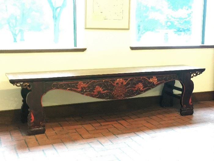 Chinese Bench/Stand - Dark finish with red and gold painted accents - height 22" /length 89"