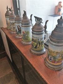 Lot of 6 German Porcelain Steins - early 20th century - hinged metal lids with decorative finials and lithopanes