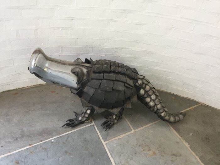 Metal Figural Sculpture by Paul Eppling (American 1949 - 2016) - made from reclaimed car parts! Alligator - signed and dated - height 18" length 39"