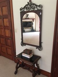Mirror - Walnut and metal - circa 1920's - Height 49" above a Spanish style Baroque Side table walnut finish circa 1920's