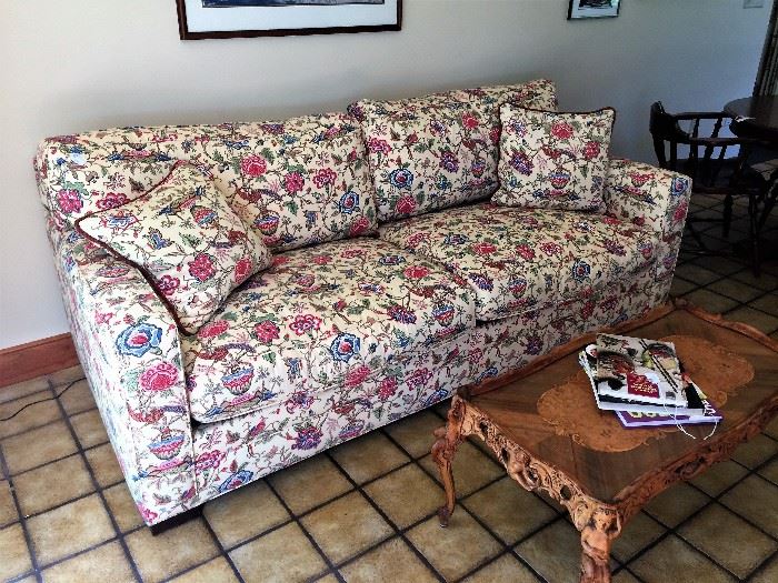 Lee Industries Sofa - in like new condition. Soft yellow in color with flowers, birds and foliage fabric. Down cushions. Height 36"/length 86"/ 40" deep