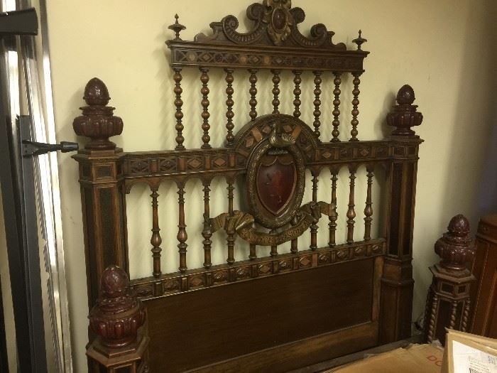 Double/Full Size Bed - Walnut Finish with applied Bakelite elements - circa 1920's. Post light up! This bed is amazingly beautiful and certainly a statement piece. 