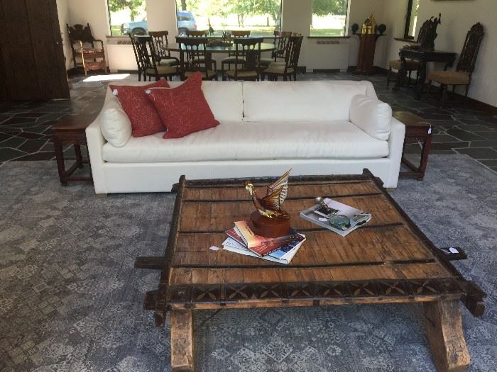 Restoration Hardware Sofa in white linen - Antique Indian Coffee Table - Converted from a Howdah