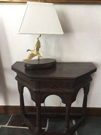 Handmade Lamp - signed and numbered on a Renaissance Revival card table (condition issues)