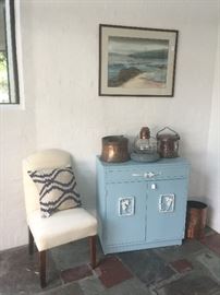 Pair of slipper chairs (ready to be covered) - Mid Century cabinet - copper lanterns and lights - all original watercolors!