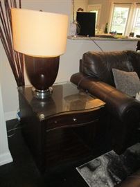 Wooden table and lamp