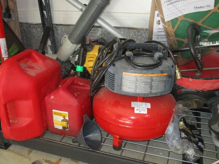 Pancake air compressor and gas cans