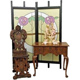 Stained Glass Screen, 1920's Lowboy, Carved Hall Chair, Porcelain Figural Grouping