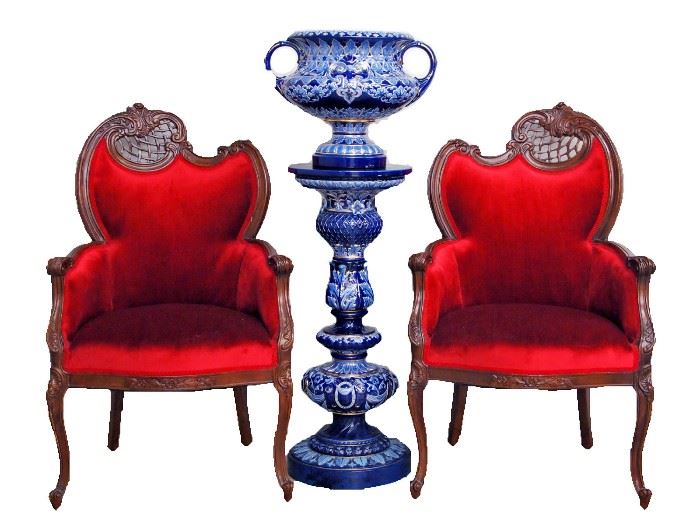 Pair of Fireside Arm Chairs, Jardiniere on Stand