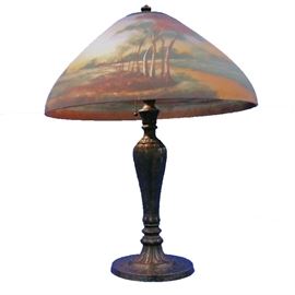Signed Jefferson Lamp - This reverse painted table lamp features scenic shade signed by Jefferson and numbered 1888.