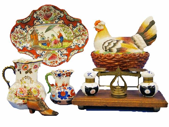 Staffordshire Hen on Nest, Mason  Jugs, Transfer Compote, Inkwell & Snuff Box dated "1874"