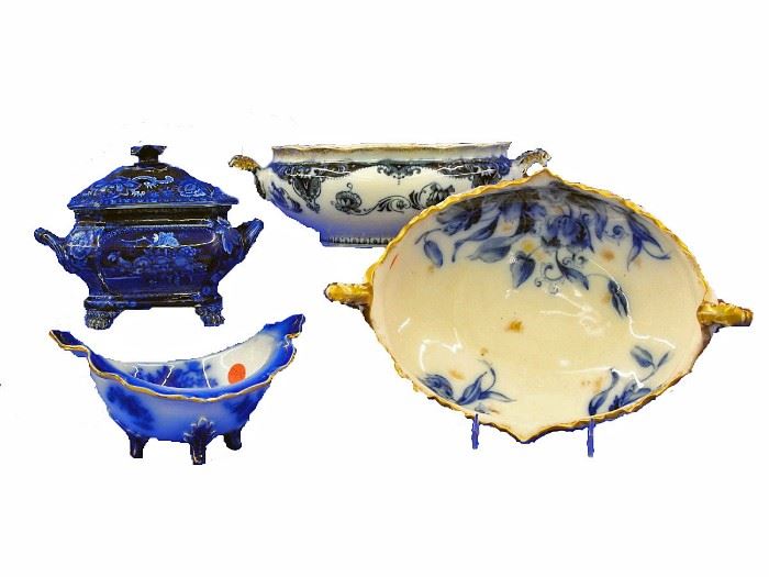 Blue Transfer Sugar Bowl & Flow Blue Porcelain