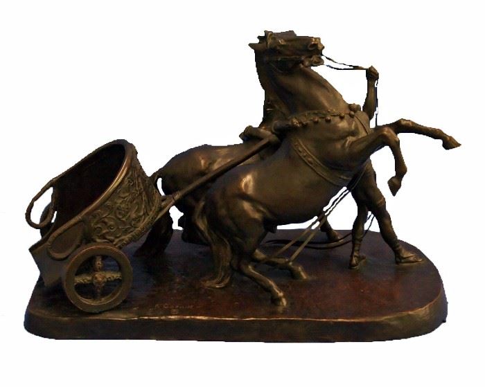F. Cornik  Signed Bronze - This bronze chariot and horse grouping by Austrian artist  F. Cornik (19th/20th Century) features a rich brown patina and a signature on the base.