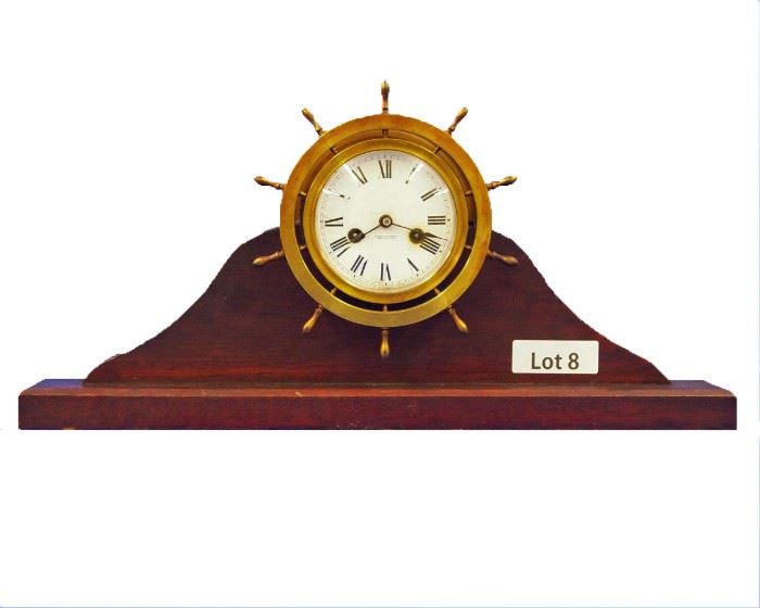 Lot 8 - Turn of the Century Waterbury Ships Wheel Shelf Clock. 8 day time and Strike. 10" tall.