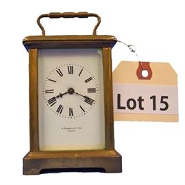 Lot 15 - Turn of the Century French Carriage Clock, marked "A. Stowell & Co, Boston". 8 day Time only. 4 1/2" Tall.