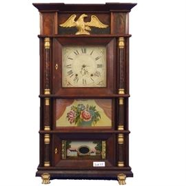 Lot 17 -19th Century American Mahogany Triple Decker Shelf Clock, Marked "Seymour, Williams & Porter". (8 Day?) 41" tall.