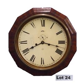 Lot 24 -Turn of the Century Rosewood Veneer Seth Thomas Wall Clock, "Office Regulator". 8 Day time and strike. 16" tall. 