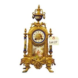 Lot 27 - Turn of the Century French Bronze and Porcelain shelf Clock. 8 Day time and strike. 17" tall.