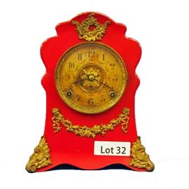 Lot 32 - Turn of the Century Iron Case "E. Kroeber Clock Co." Shelf Clock. 8 Day time and strike. 11 1/2" tall.  